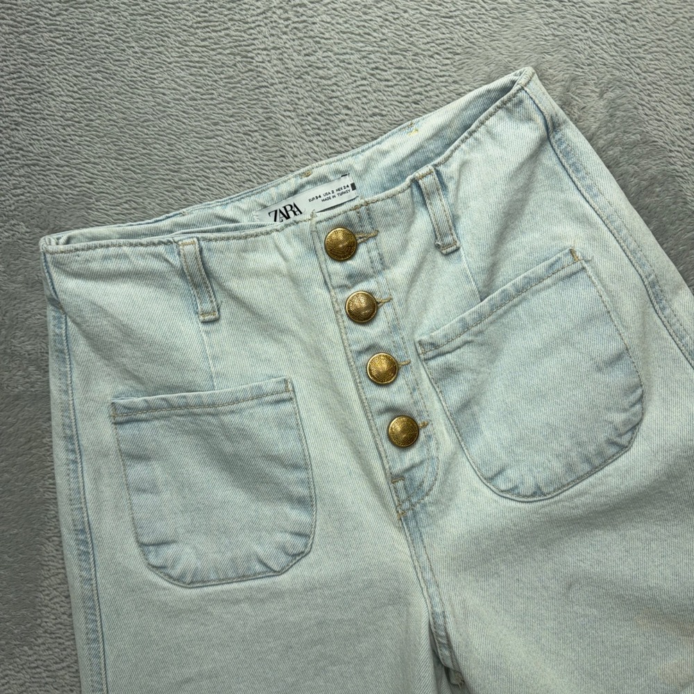 Zara Jeans Womens 2 Light Blue High Rise Wide Leg Sailor Patch Pocket Button Fly